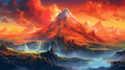 Fototapeta na wymiar fantasy style watercolor of mountain ranges with lava Generative Ai