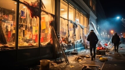 Riots, People smash shop windows with firebombs with pogroms and riots in night city.