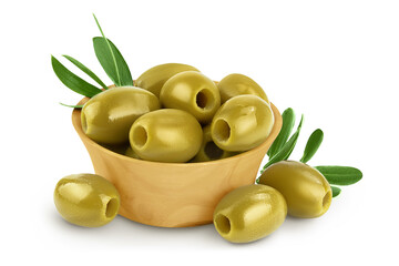Green olives with leaves in wooden bowl isolated on a white background with full depth of field