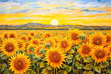 Fototapeta premium Sunflower Field In Bloom Painted With Crayons