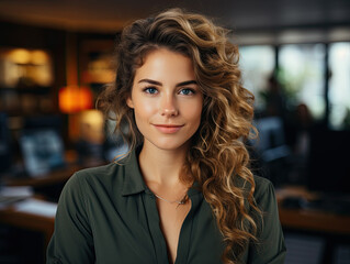 Portrait of Successful Businesswoman Standing in Office with Crossed Arms, Smiling at the Camera.