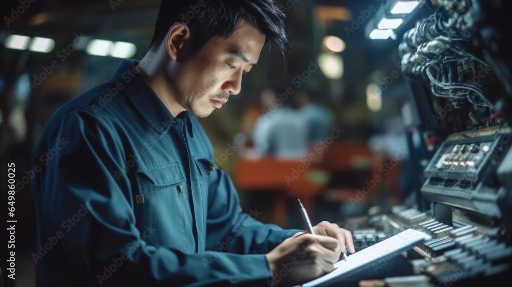 Poster Chinese man using tablet computer writing code in a robot factory.