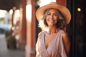A woman wearing a hat with a joyful smile created with Generative AI technology