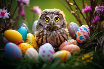 Cute owl, Easter eggs, meadow. Generative AI