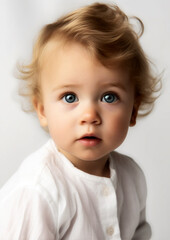 Fototapeta premium Blonde baby boy in white clothes on a conceptual white background for frame