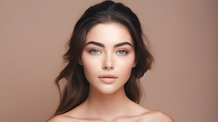 Beauty brunette woman with neat hair and healthy skin looks at the camera natural makeup of a young beautiful model on a studio background with copy space. cosmetic concept