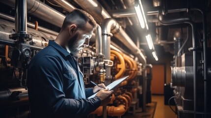 Fototapeta premium technician checking the heating system in the boiler room at industry factory.