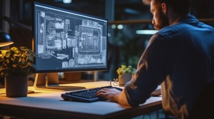 Engineer working with CAD software on desktop computer at factory.