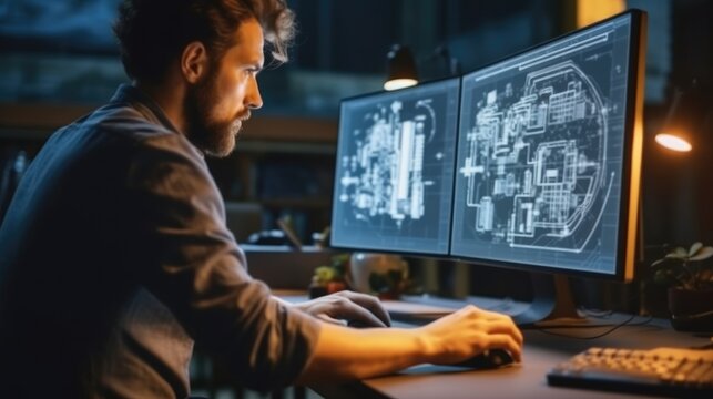 Engineer working with CAD software on desktop computer at factory.