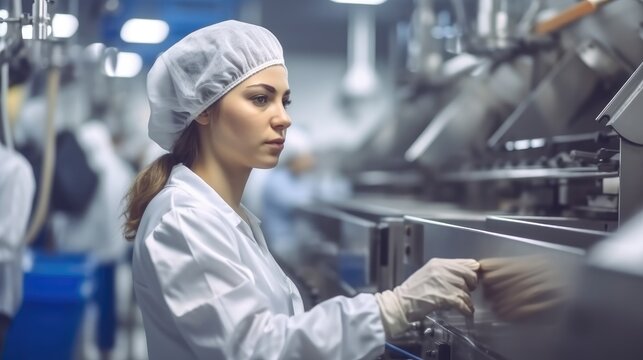Young female worker operating machine units while working at clean food factory.