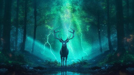 Illustration of a Deer Hologram amidst a Mysterious Generative Ai
