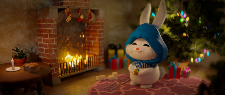 Merry Christmas and Happy New Year Holiday 3D scene Cute cartoon 3d rabbit, christmas tree, fireplace, gift box