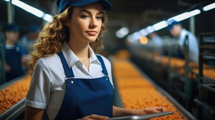 Portrait of young woman factory worker doing production quality inspection in food industry.