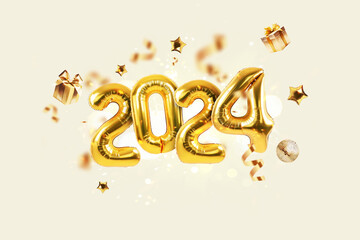 Happy new year 2024 golden balloons with gold confetti, gifts and mirror ball on a beige...