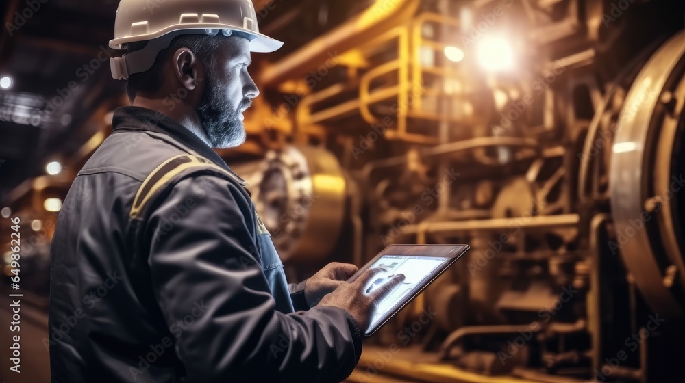 Poster technician in a hard hat inspecting a large industrial machine with a tablet.