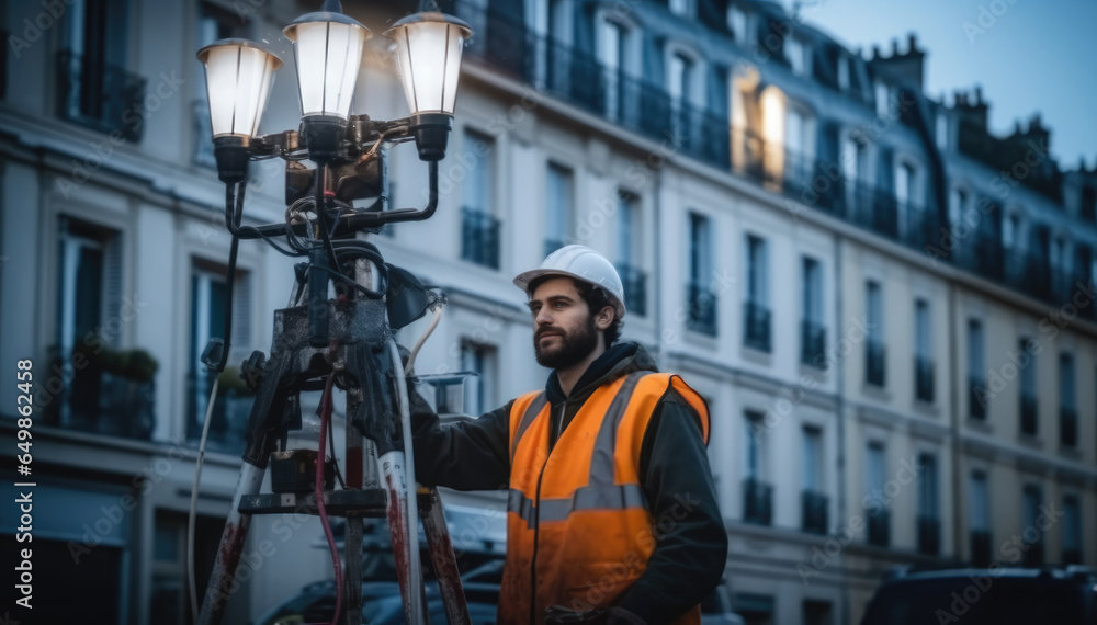 Wall mural technician repair lighting on public roads.