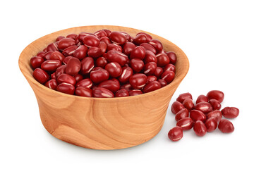 Red adzuki beans in wooden bowl isolated on white background