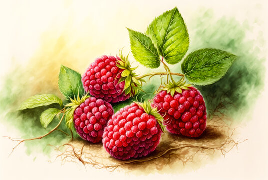 A watercolor style illustration of a juicy raspberries with leaves. Created with Generative AI.