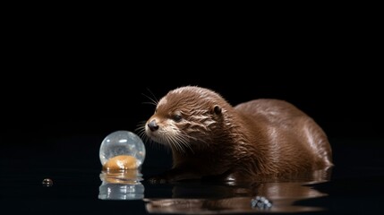 otter playing glass pebble on his belly floating on Generative Ai - obrazy, fototapety, plakaty