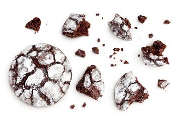 Chocolate brownie cookie isolated on white background. Top view. Flat lay