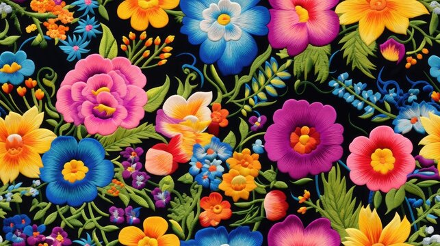 seamless pattern of beautiful embroidered Mexican flowers in vivid, eye-catching colors.
