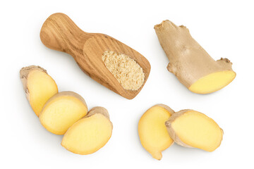 fresh ginger and ground ginger in wooden scoop spice isolated on white background. Top view. Flat...