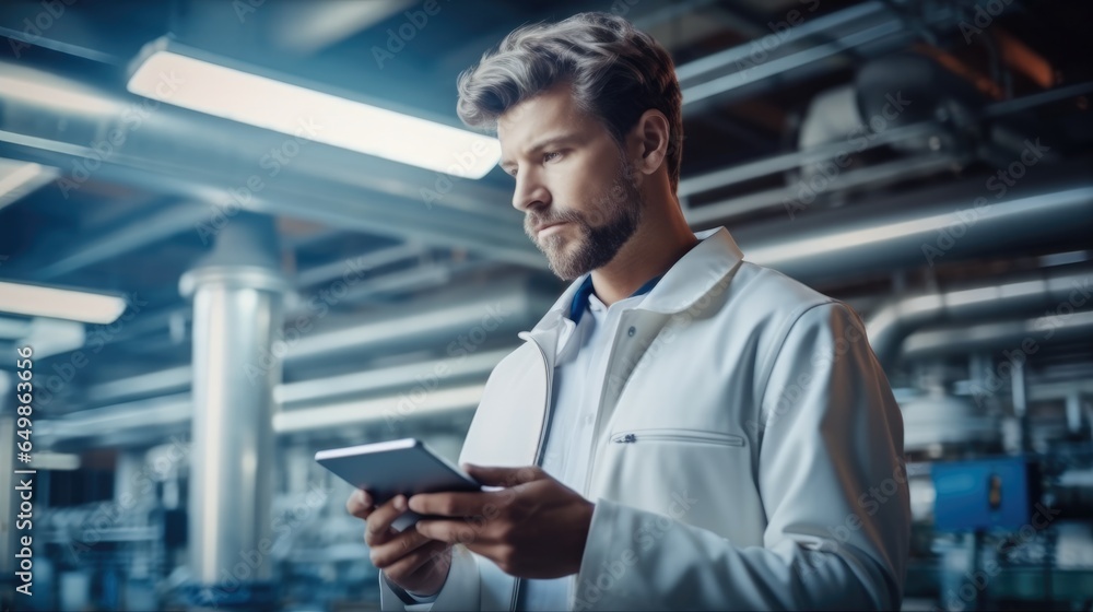 Poster worker with a tablet in his hands working in a modern factory.