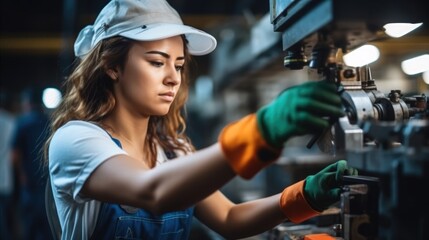 Fototapeta premium Woman technician in a factory is working on a metal drilling machine at industry factory