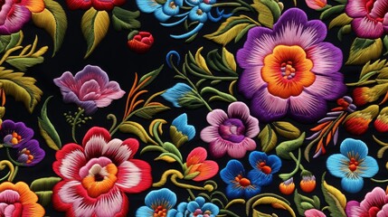 Fototapeta na wymiar seamless pattern of beautiful embroidered Mexican flowers in vivid, eye-catching colors.