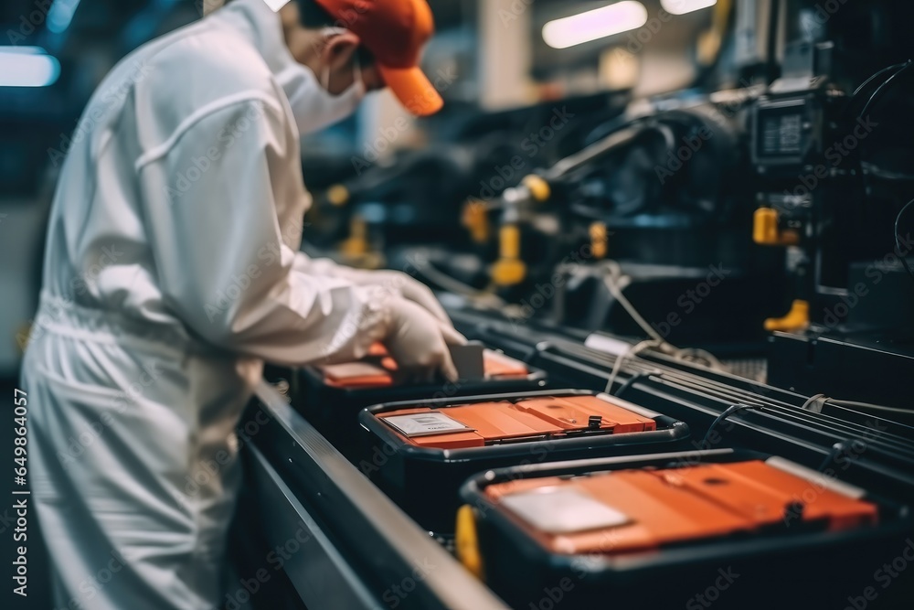 Aufkleber Worker with security clothes and gloves is testing a battery from an electric car in a modern factory.