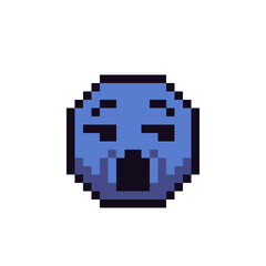 Sad emoticon, upset blue face with slack jaw pixel art icon. Cartoon character, language emotion. Flat style. 8-bit style. Isolated abstract vector illustration.
