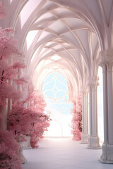 Fantasy arch in a white gothic palace with blooming sakura and roses.