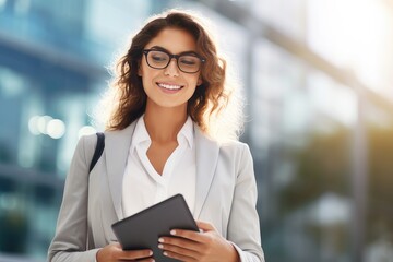 Fototapeta na wymiar a beautiful business woman wearing transparent glasses and carrying a tablet outside 