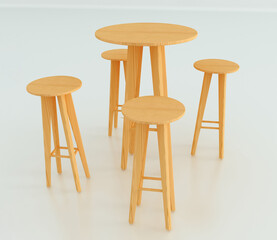 High Wooden table and chairs on white background.