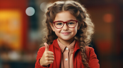 Cool positive little girl in red jacket and glasses showing like or ok gesture, smiling caucasian smart schoolgirl thumb up on blurred background