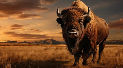 Fotobehang grass prairie bison majestic illustration buffalo animal, wyoming park, mammal horns grass prairie bison majestic © sevector