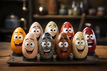 Funny eggs with cheerful smiling faces in the kitchen. The concept of laughter and humor
