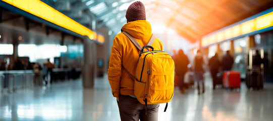 back view of young man with backpack waiting for boarding at airport