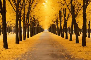 The road with two rows of trees on both sides, yellow leaves, poetic - obrazy, fototapety, plakaty