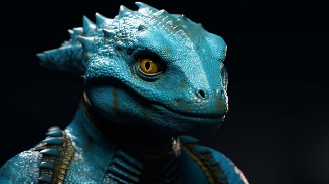 Turqooise skin lizardman with no horns with bright generative ai