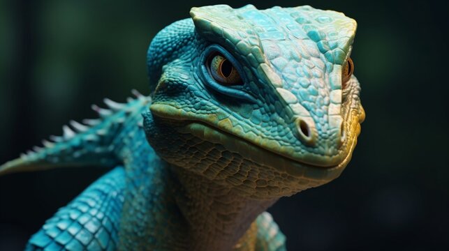 Turqooise skin lizardman with no horns with bright generative ai