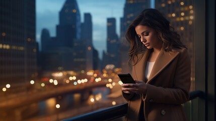 stylish brunette in a brown coat ? her phone against the backdrop of ?iconic cityscape.