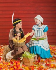 Two Children In Costume To Celebrate The Harvest For Thanksgiving; Three Hills, Alberta, Canada