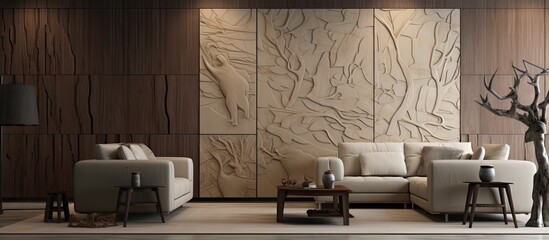 Living room in the style of layered, beige, carved bas-relief panels