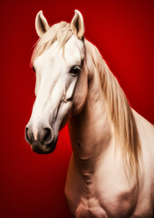 Animal portrait of a white horse on a red background conceptual for frame