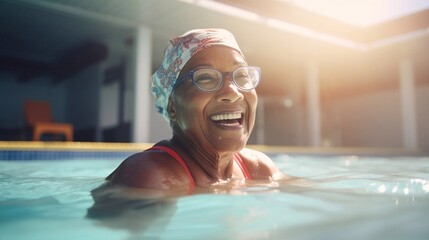 Close up portrait of cute smiling old woman on swimming lessons in pool, learning water safety skills, activity. Natural sunny Lighting and on a shiny light over bokeh background.  - obrazy, fototapety, plakaty