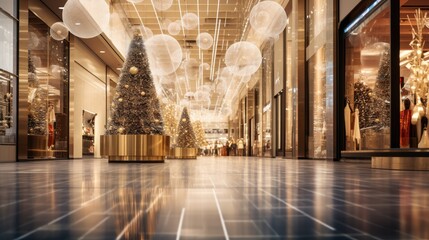 abstract blurs of a shopping mall interior embellished with Christmas ornaments and glowing lights