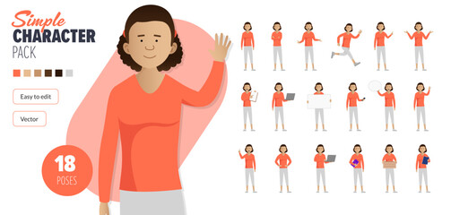 Simple flat female vector character in a set of multiple poses. Easy to edit and isolated on a white background. Modern trendy style character mega pack with lots of poses. 