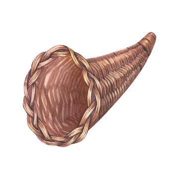 Watercolor an empty cornucopia, realistic horn of plenty symbol thanksgiving day. Hand-drawn illustration isolated on white background. Perfect for template, cooking, packing food, card thanksgiving