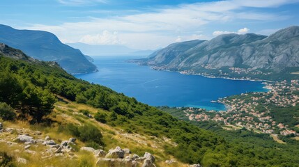 Fototapeta premium landscape dalmatian coast scenery illustration tourism line, mediterranean vacation, adriatic croatia landscape dalmatian coast scenery
